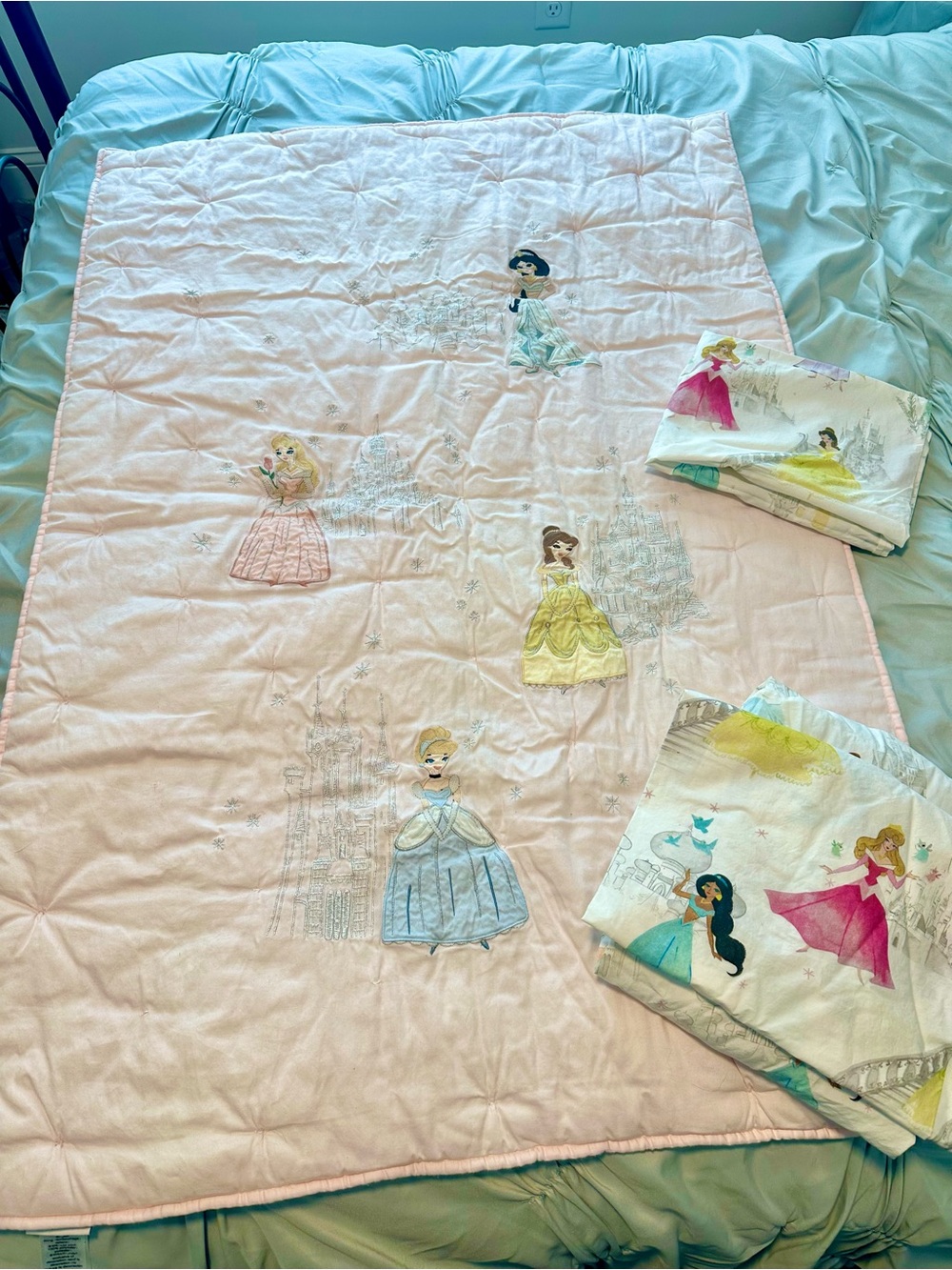 Pottery Barn Kids Pink Disney Princess Embroidered Quilt Set